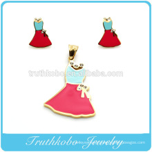 Fahion High Quality Stainless Steel Colorful Enamel Young Girl's Skirt Pendant And Earrings Jewelry Set With Shiny Crystal